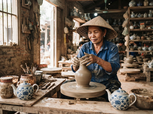 Nghệ nhân gốm Bát Tràng vuốt gốm