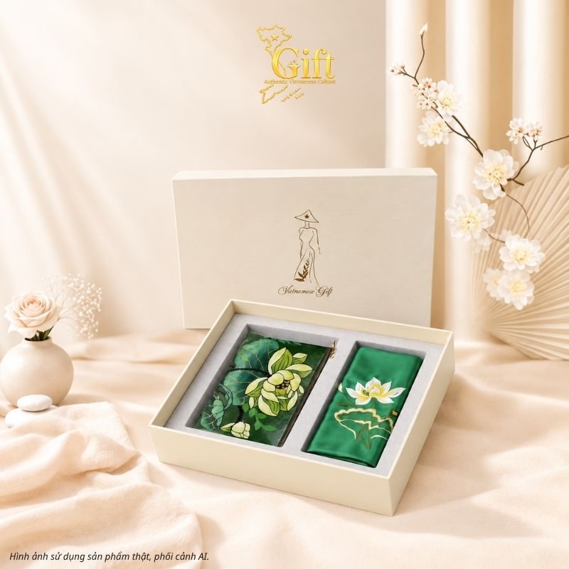 Set Túi Lá Sen & Khăn Lụa Thêu Sen