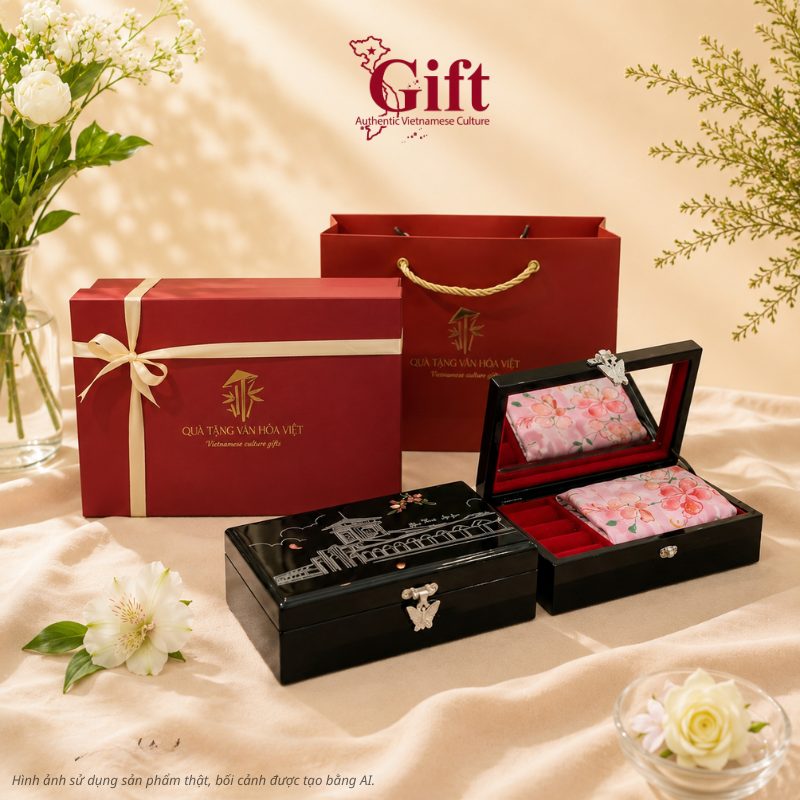Set Khăn Lụa Vẽ Tay & Hộp Sơn Mài