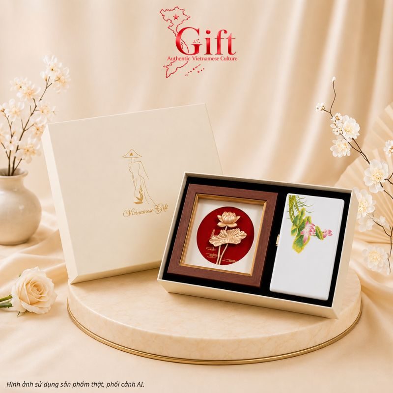 Set Tranh Hoa Sen Mạ Vàng 24K & Hộp Sơn Mài