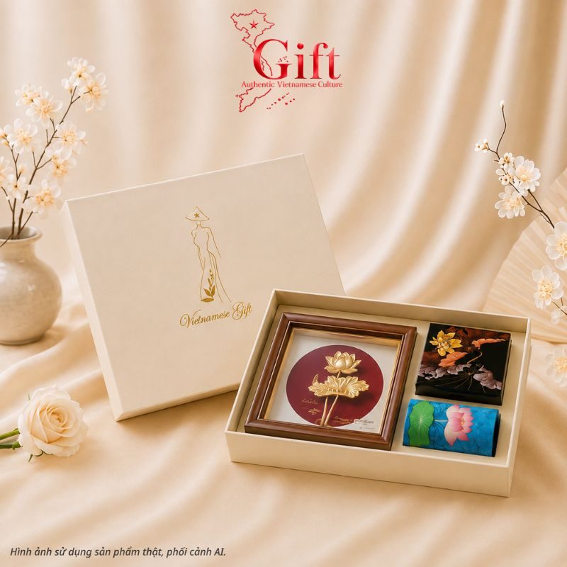 Set Tranh Đồng, Đế Lót Ly & Cắm Bút Sơn Mài