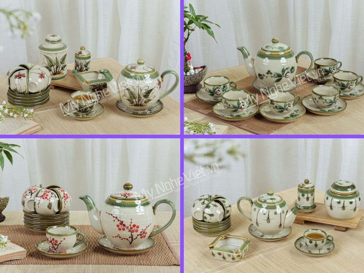 Bộ bình trà men bóng vẽ hoa dáng Minh Long