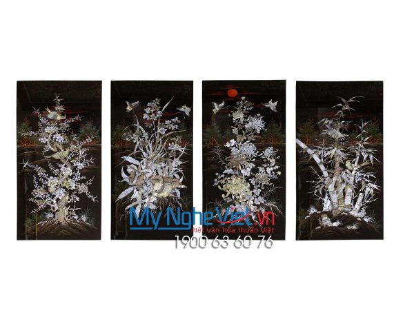 Bộ Tranh Sơn Mài Mai Lan Cúc Trúc Gốc Chìm Nền Ấm MNV-TSM5105C-1