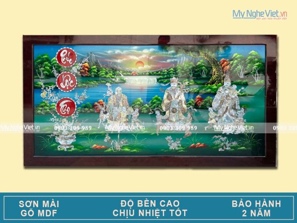 Tranh sơn mài Phúc Lộc Thọ cẩn ốc nền xanh MNV-TSM9177