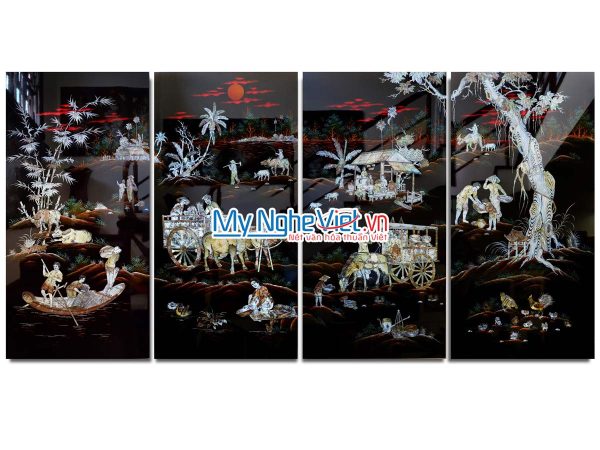 Bộ Tranh sơn mài Đồng Quê cẩn chìm cao cấp MNV-TSM612-1