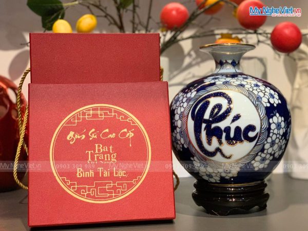 Bình Thu Tài Hút Lộc Cao Cấp Men Lam Vẽ Hoa Phù Dung Chữ PHÚC (có chân đế) MNV-HBT22P