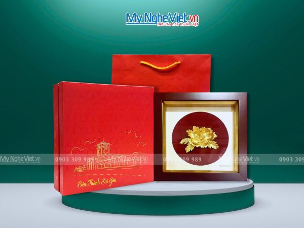 Tranh hoa mẫu đơn dát vàng để bàn 24k 20x20 + Hộp xilot đỏ - MNVHD04.5