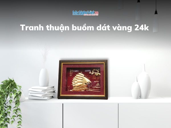 Tranh thuận buồm dát vàng để bàn 24k 26x33cm + Hộp xilot đỏ – MNVHD04.6